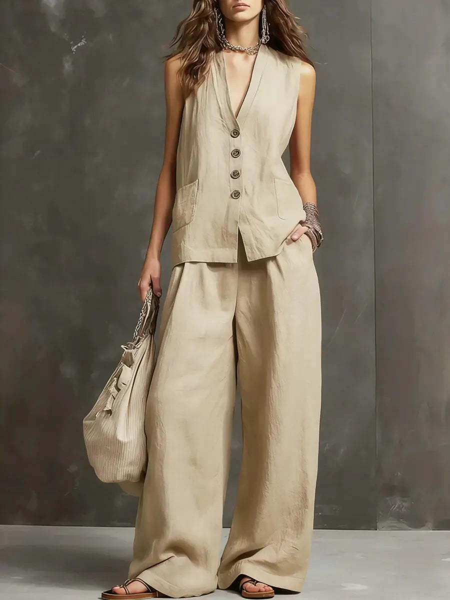 Linen Two Piece Set with Sleeveless Vest and Wide Leg Trousers