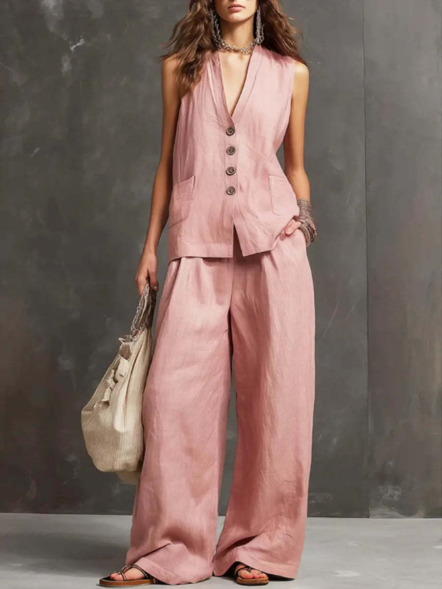 Linen Two Piece Set with Sleeveless Vest and Wide Leg Trousers