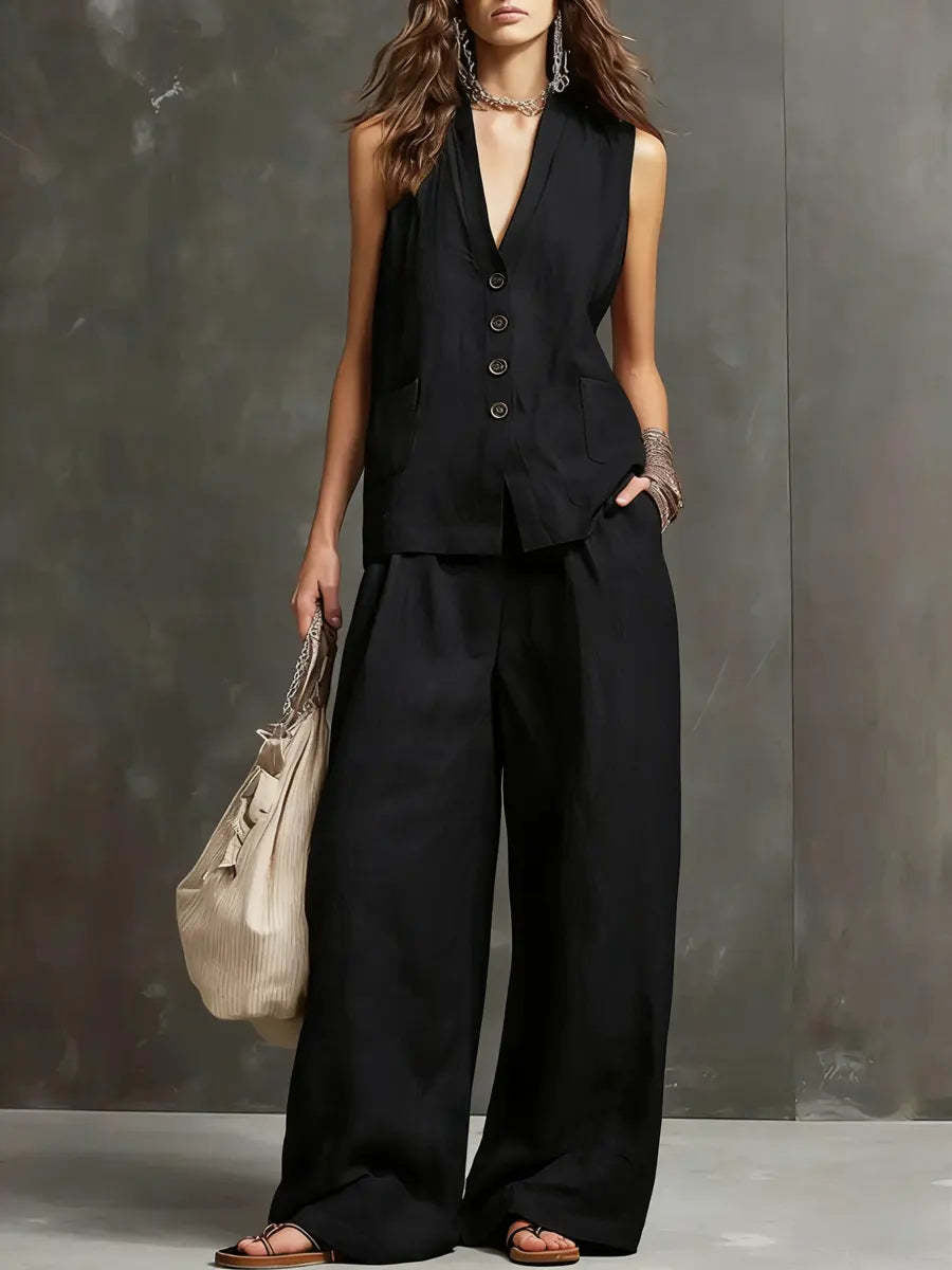 Linen Two Piece Set with Sleeveless Vest and Wide Leg Trousers