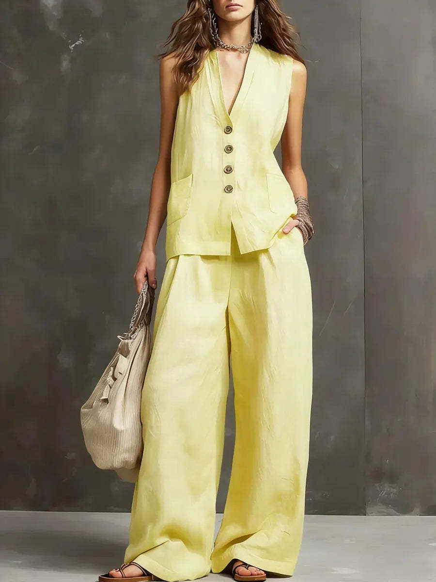 Linen Two Piece Set with Sleeveless Vest and Wide Leg Trousers