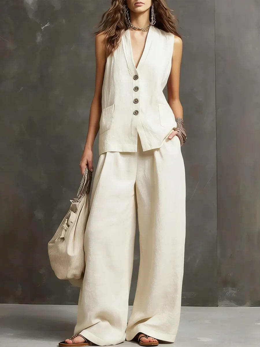 Linen Two Piece Set with Sleeveless Vest and Wide Leg Trousers