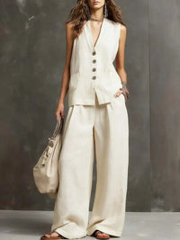 Linen Two Piece Set with Sleeveless Vest and Wide Leg Trousers