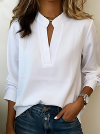 Long Sleeve Blouse with V-Neckline and Stand Collar