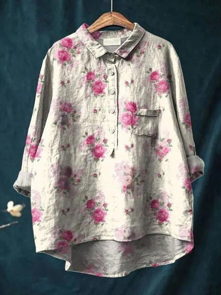 Long Sleeve Floral Print Linen Shirt with Chest Pocket