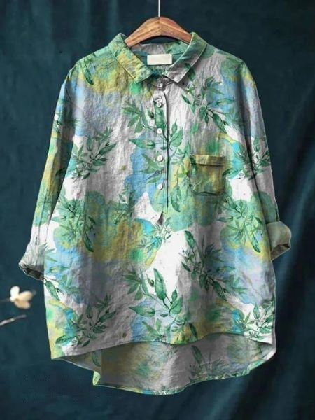 Long Sleeve Floral Print Linen Shirt with Chest Pocket
