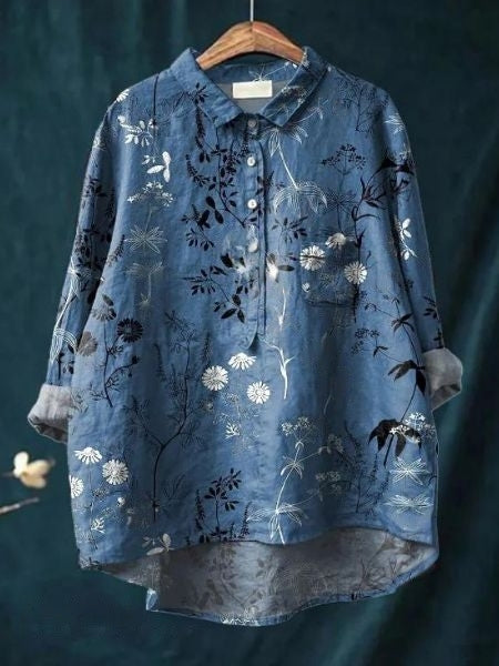 Long Sleeve Floral Print Linen Shirt with Chest Pocket