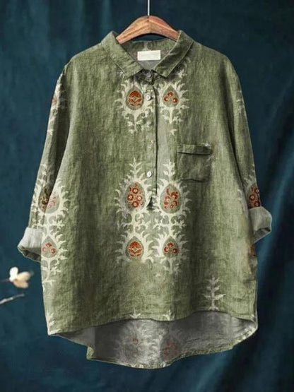 Long Sleeve Floral Print Linen Shirt with Chest Pocket