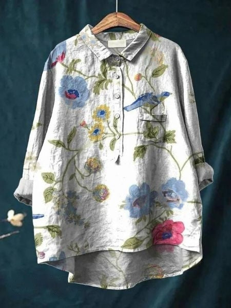 Long Sleeve Floral Print Linen Shirt with Chest Pocket