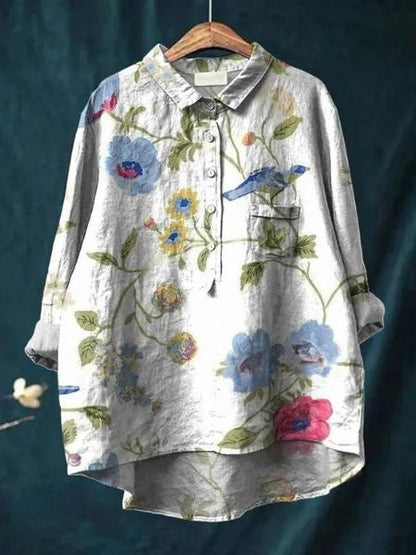 Long Sleeve Floral Print Linen Shirt with Chest Pocket