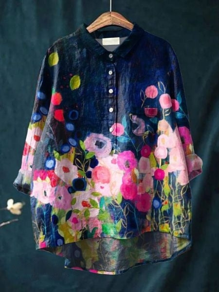 Long Sleeve Floral Print Linen Shirt with Chest Pocket