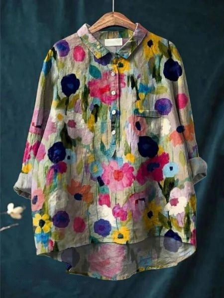 Long Sleeve Floral Print Linen Shirt with Chest Pocket