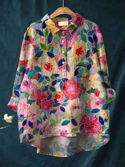 Long Sleeve Floral Print Linen Shirt with Chest Pocket
