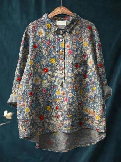 Long Sleeve Floral Print Linen Shirt with Chest Pocket