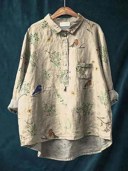 Long Sleeve Floral Print Linen Shirt with Chest Pocket
