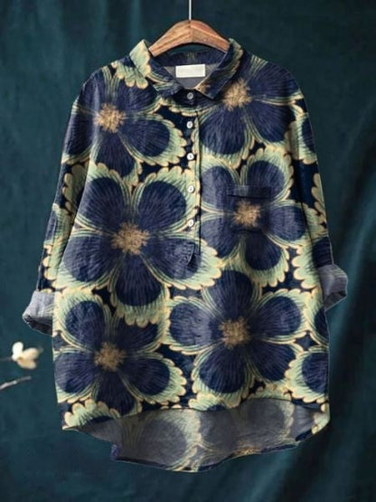 Long Sleeve Floral Print Linen Shirt with Chest Pocket