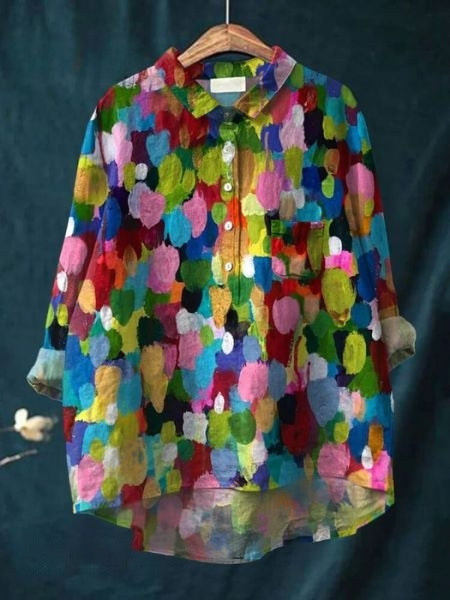 Long Sleeve Floral Print Linen Shirt with Chest Pocket