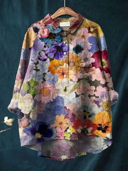 Long Sleeve Floral Print Linen Shirt with Chest Pocket