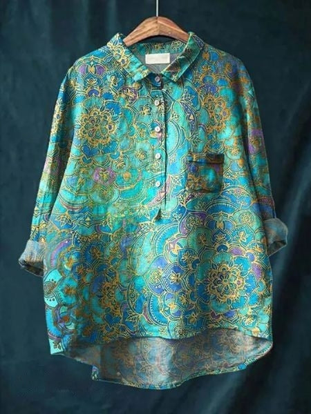 Long Sleeve Floral Print Linen Shirt with Chest Pocket
