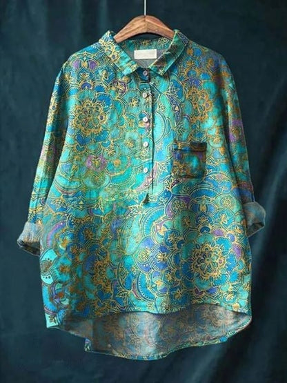 Long Sleeve Floral Print Linen Shirt with Chest Pocket