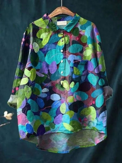 Long Sleeve Floral Print Linen Shirt with Chest Pocket