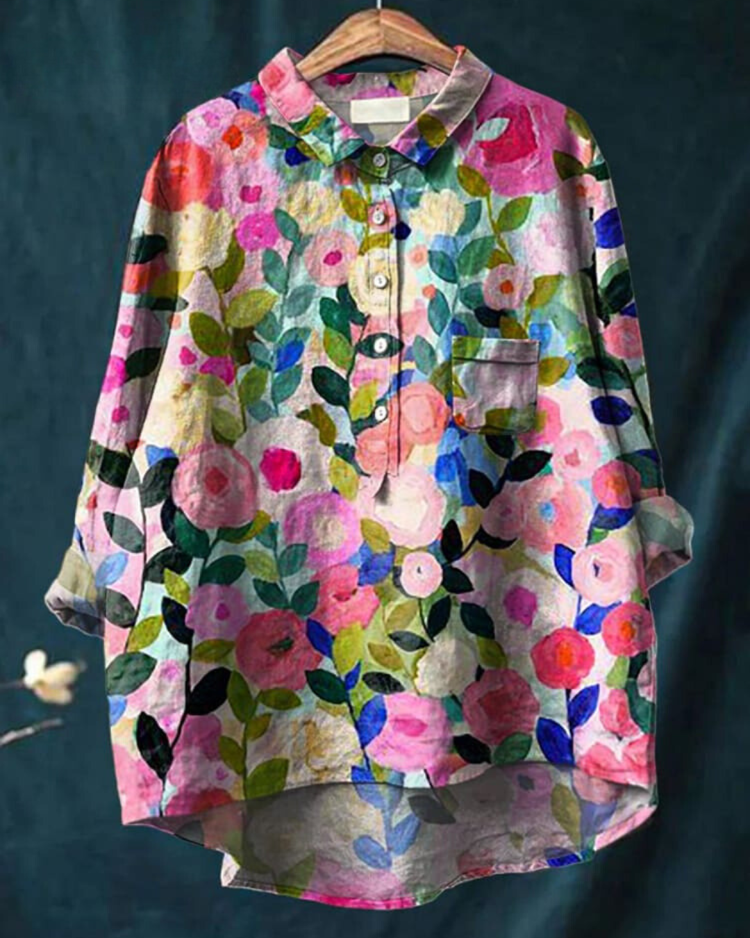 Long Sleeve Floral Print Linen Shirt with Chest Pocket
