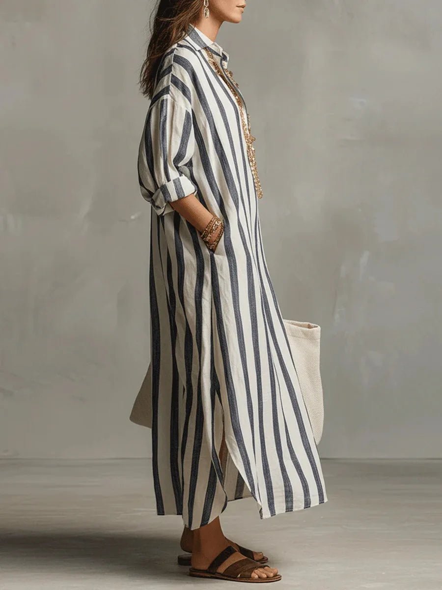 Long Sleeve Striped Linen Maxi Dress with Collar