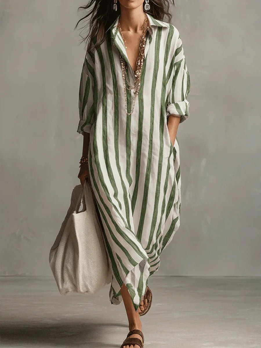 Long Sleeve Striped Linen Maxi Dress with Collar