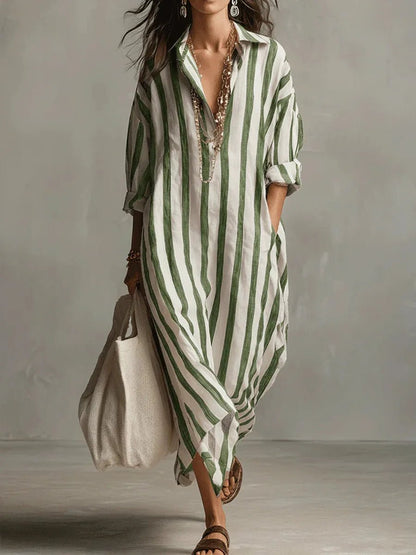 Long Sleeve Striped Linen Maxi Dress with Collar