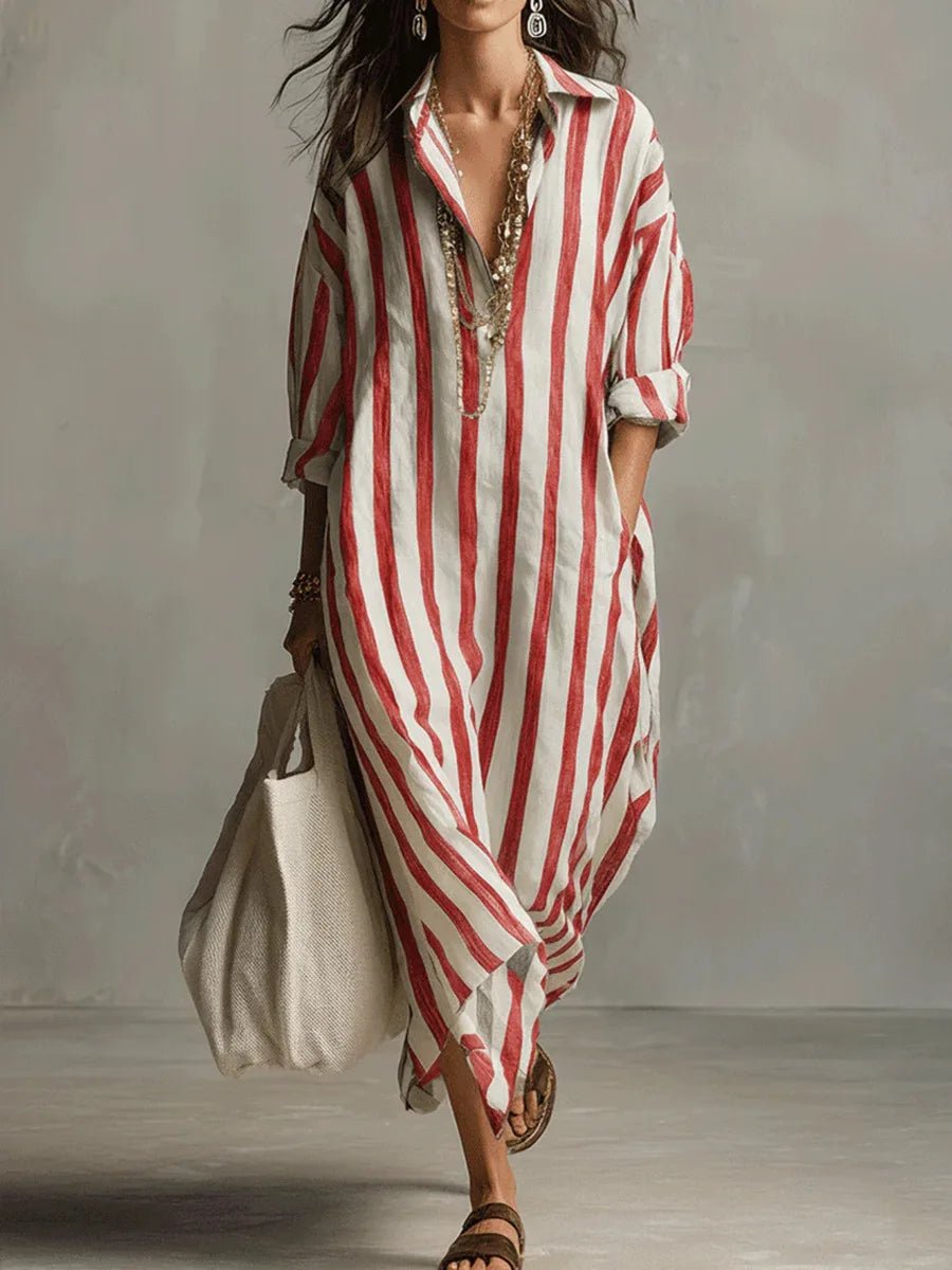 Long Sleeve Striped Linen Maxi Dress with Collar