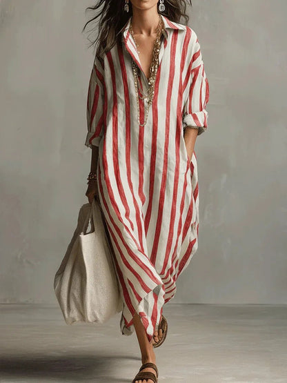 Long Sleeve Striped Linen Maxi Dress with Collar