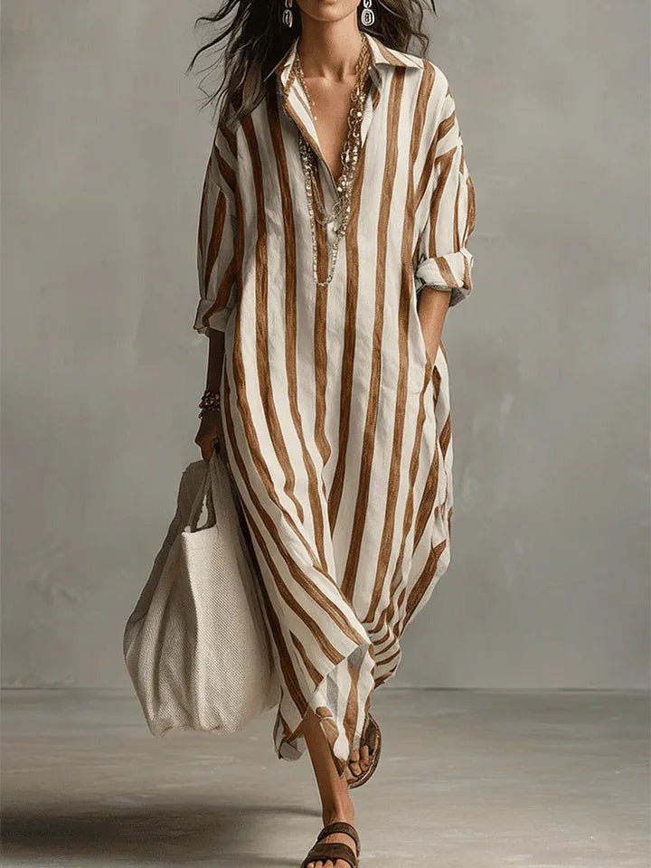Long Sleeve Striped Linen Maxi Dress with Collar