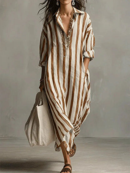 Long Sleeve Striped Linen Maxi Dress with Collar