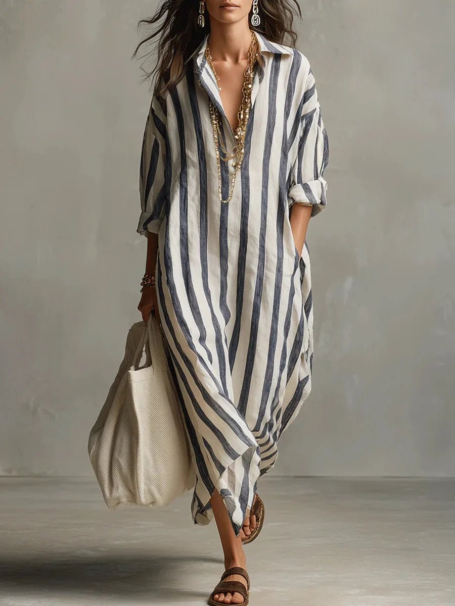 Long Sleeve Striped Linen Maxi Dress with Collar