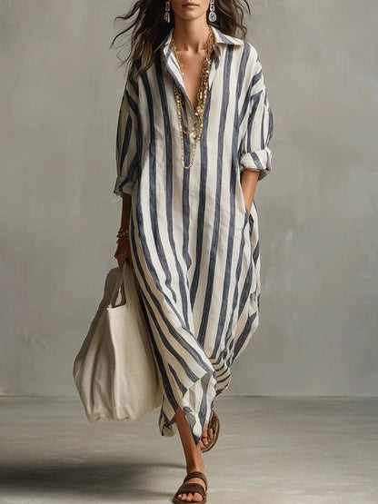 Long Sleeve Striped Linen Maxi Dress with Collar