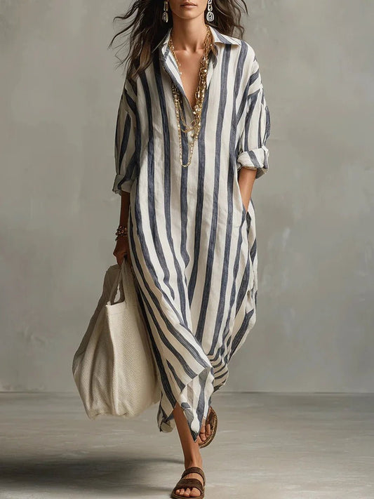 Long Sleeve Striped Linen Maxi Dress with Collar