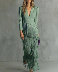Long Sleeve Wrap Maxi Dress with Tiered Fringe Skirt