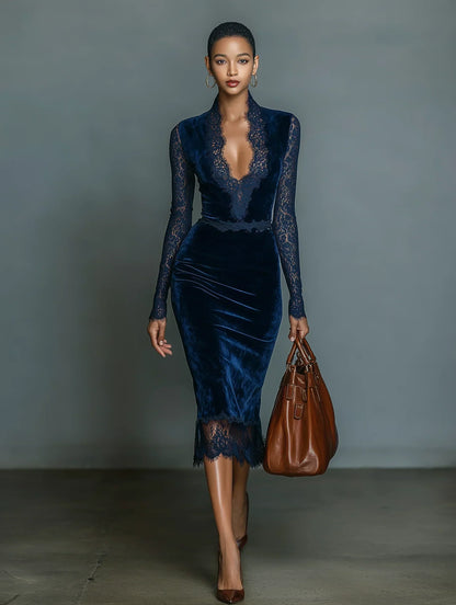 Navy Blue Velvet Bodycon Midi Dress with Lace Detail and Deep V-Neckline
