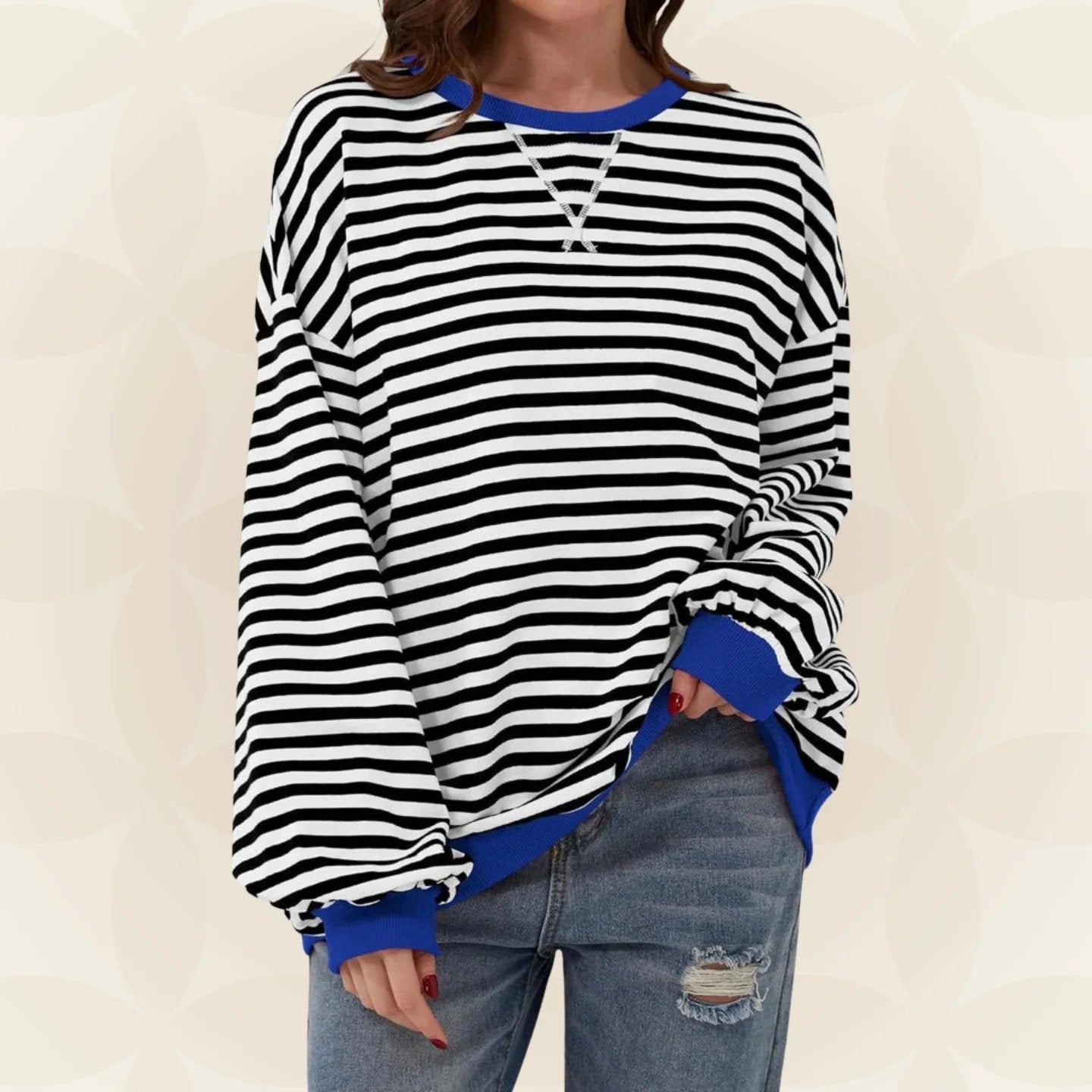 Oversized Crewneck Striped Sweatshirt with Contrast Trim
