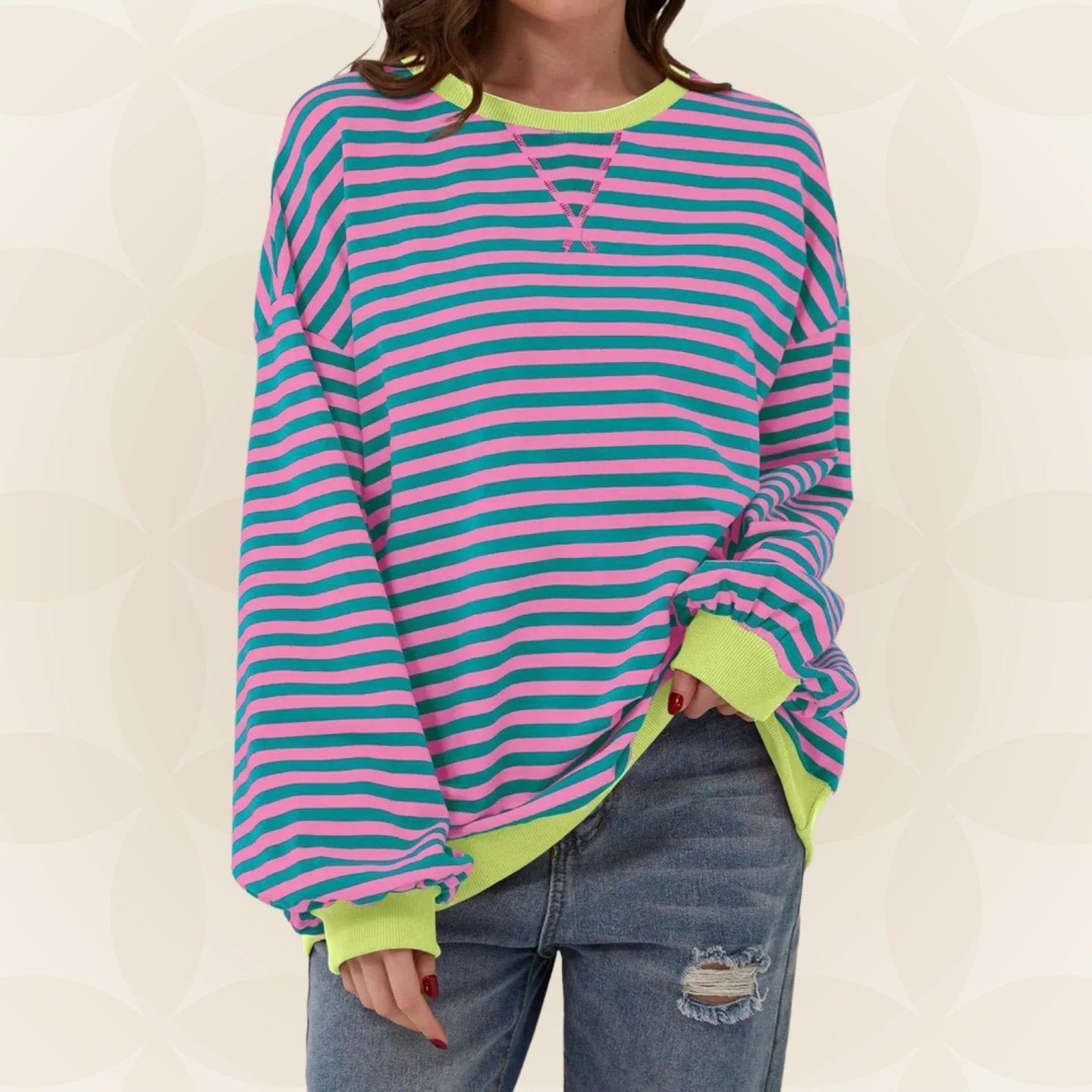 Oversized Crewneck Striped Sweatshirt with Contrast Trim