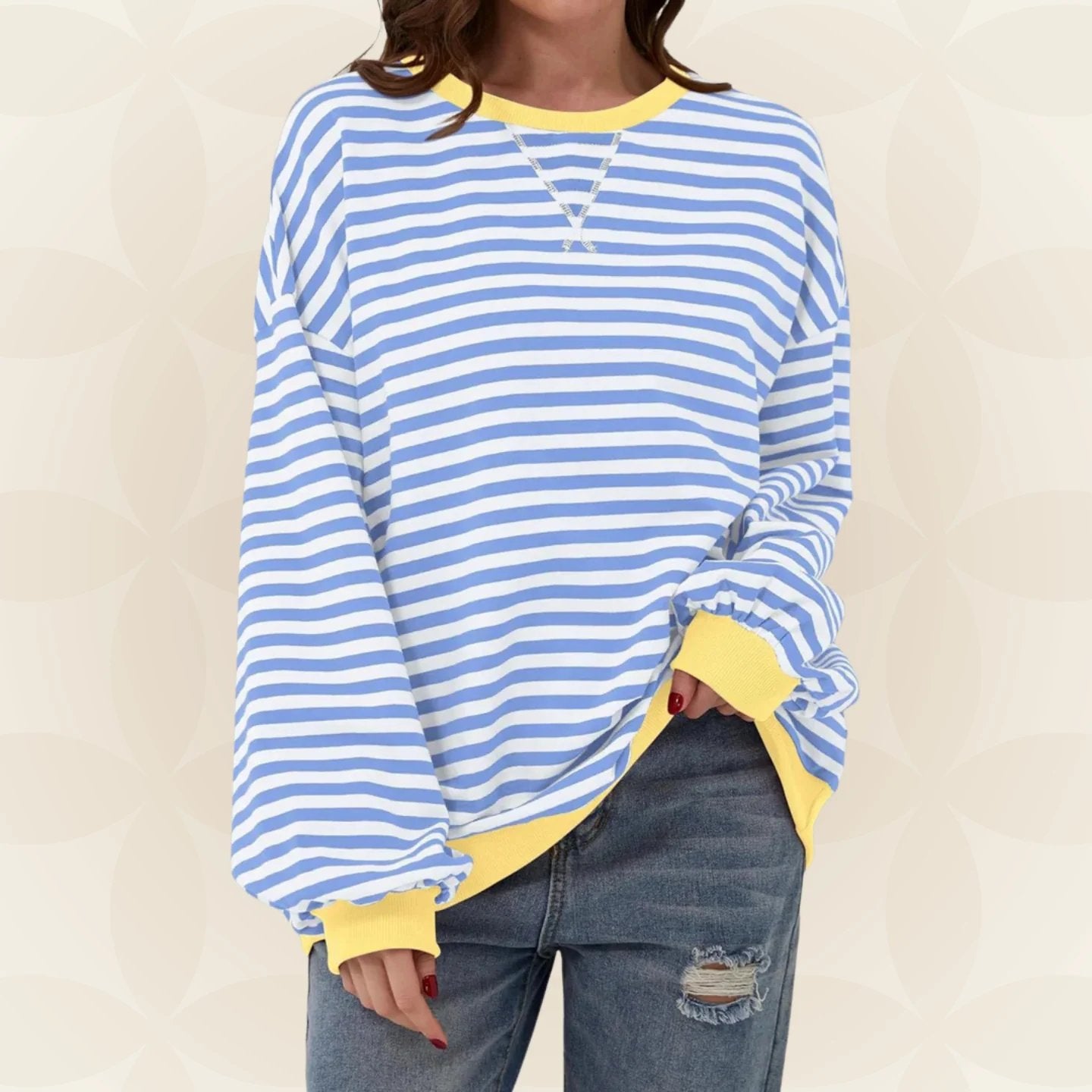 Oversized Crewneck Striped Sweatshirt with Contrast Trim