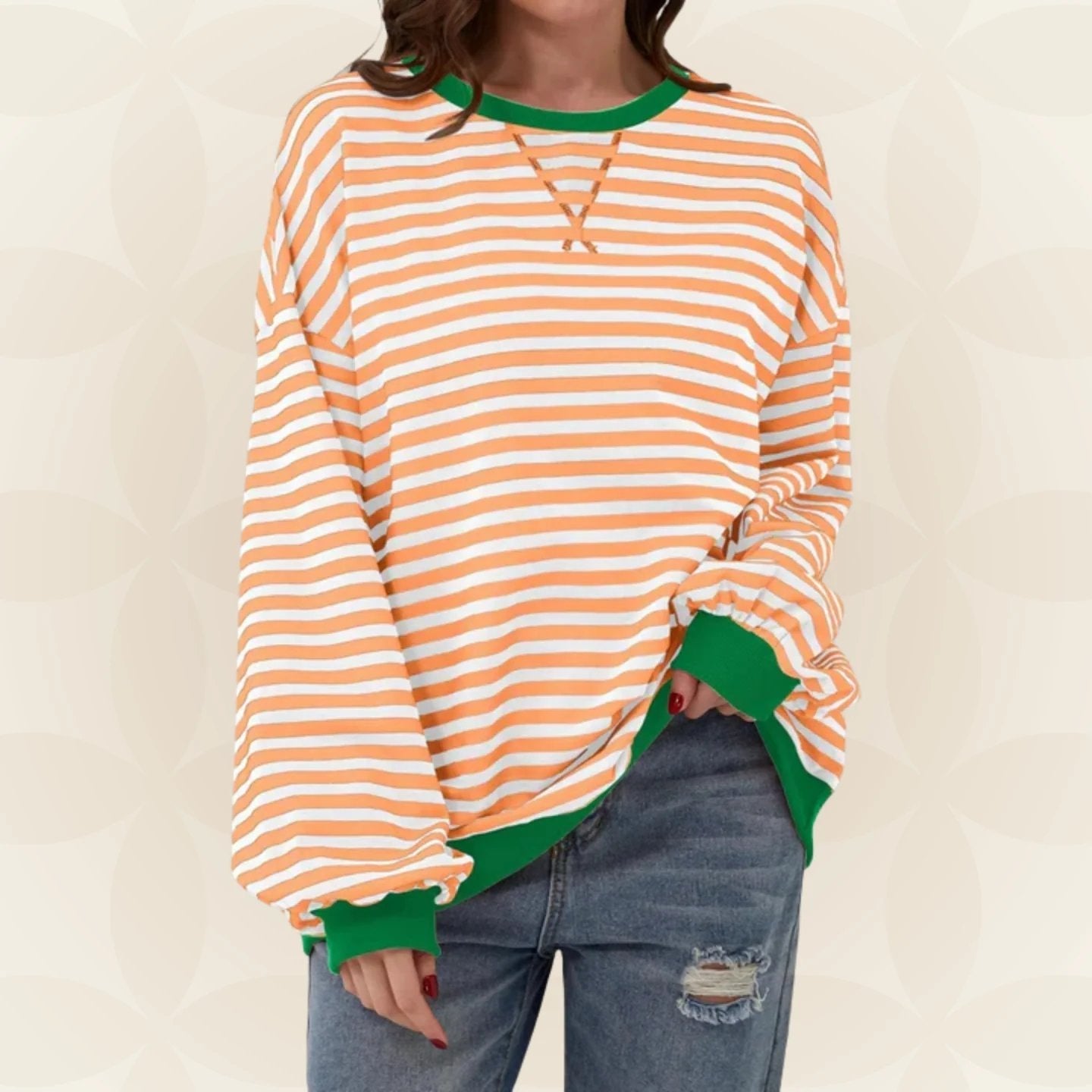Oversized Crewneck Striped Sweatshirt with Contrast Trim