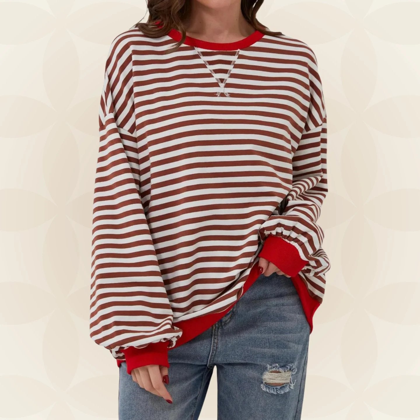 Oversized Crewneck Striped Sweatshirt with Contrast Trim