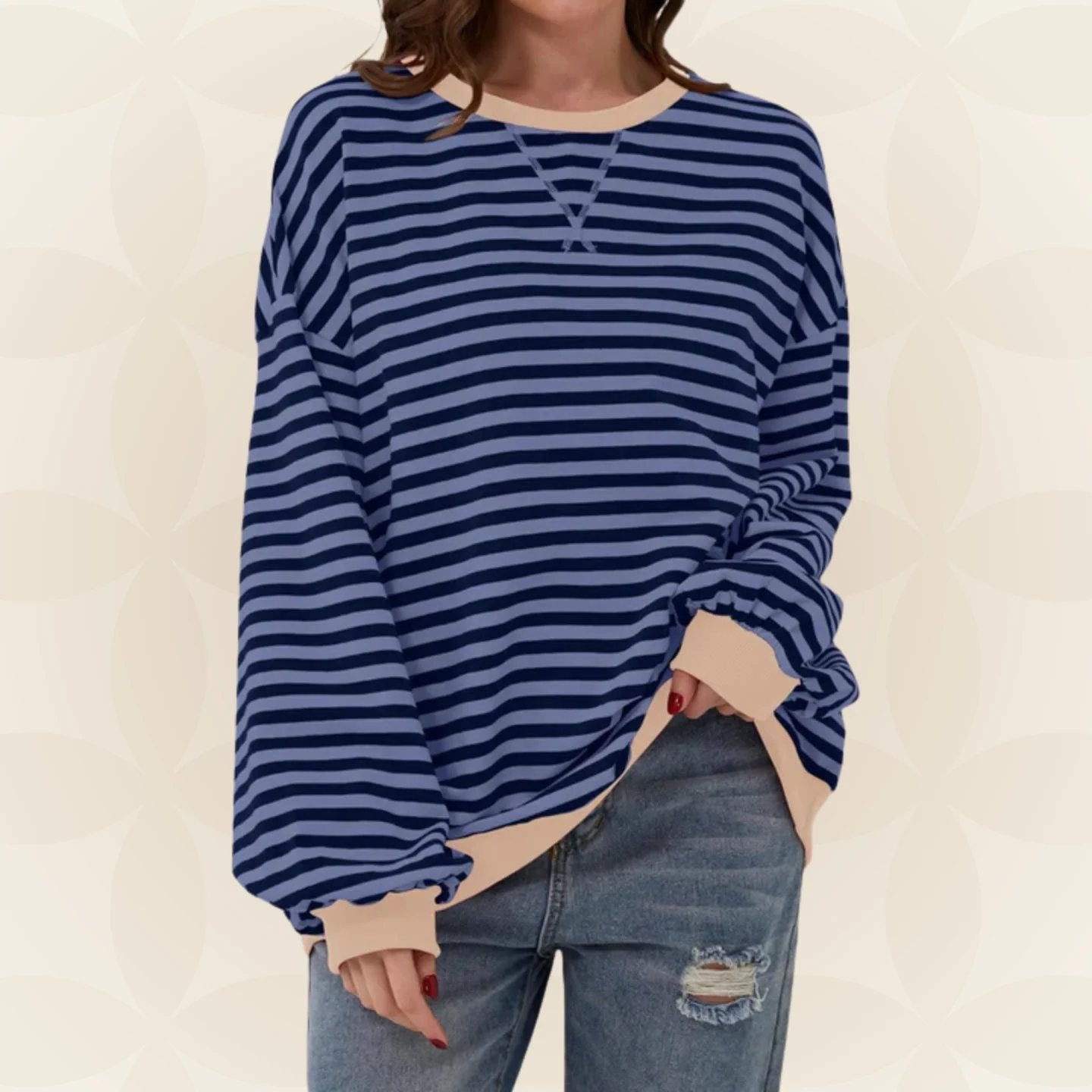 Oversized Crewneck Striped Sweatshirt with Contrast Trim