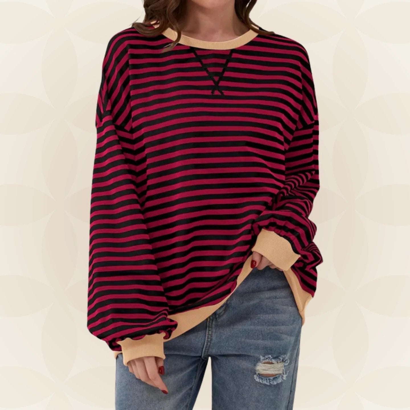 Oversized Crewneck Striped Sweatshirt with Contrast Trim