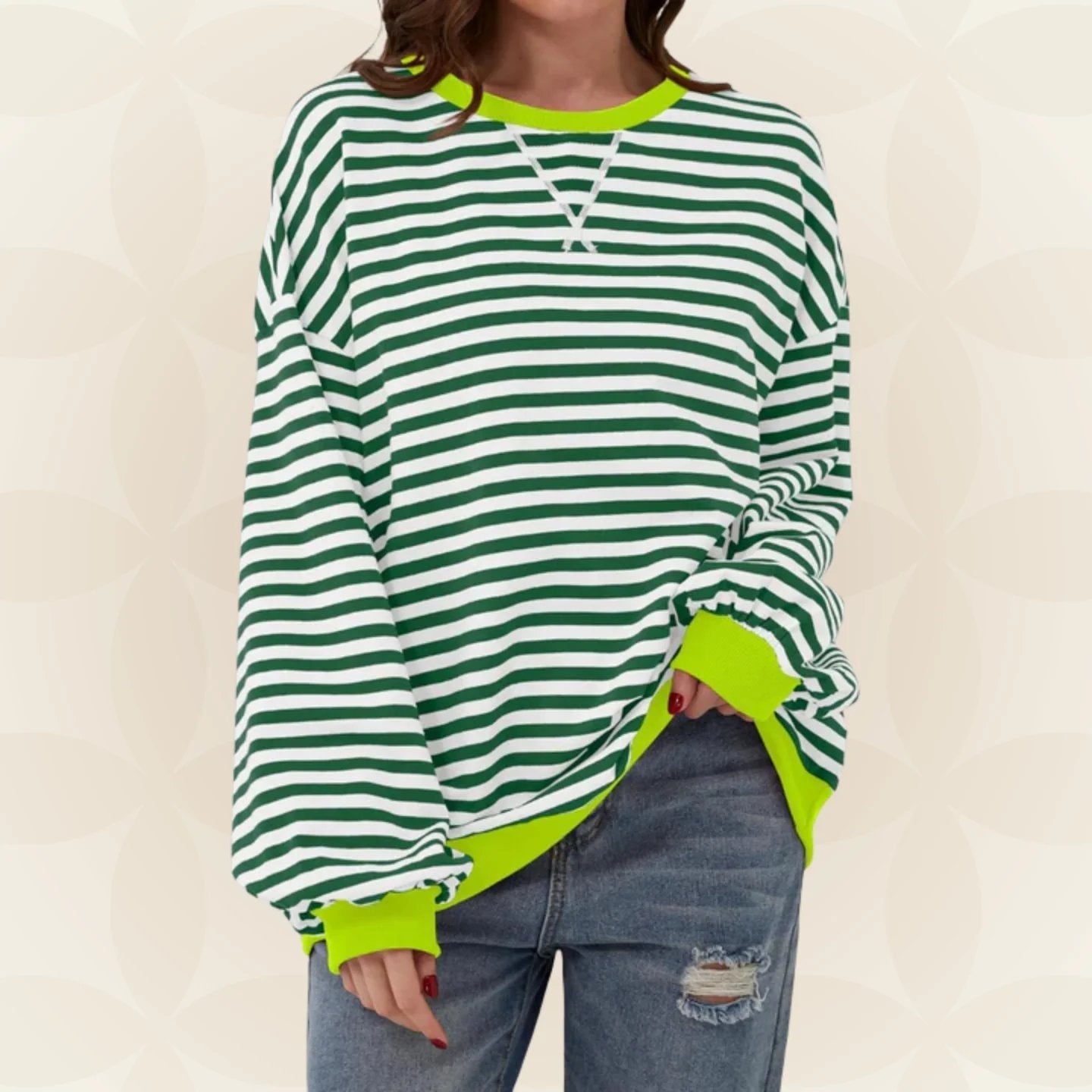 Oversized Crewneck Striped Sweatshirt with Contrast Trim