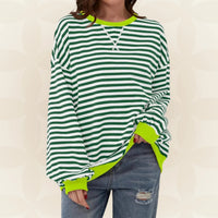 Oversized Crewneck Striped Sweatshirt with Contrast Trim