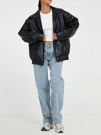 Oversized Faux Leather Bomber Jacket with Zip Front