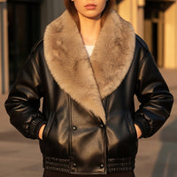 Oversized Faux Leather Jacket with Faux Fur Collar