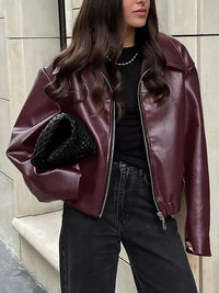 Oversized Faux Leather Jacket with Zip Front and Elasticated Hem