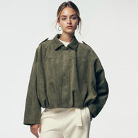 Oversized Faux Suede Cropped Jacket with Zip Front